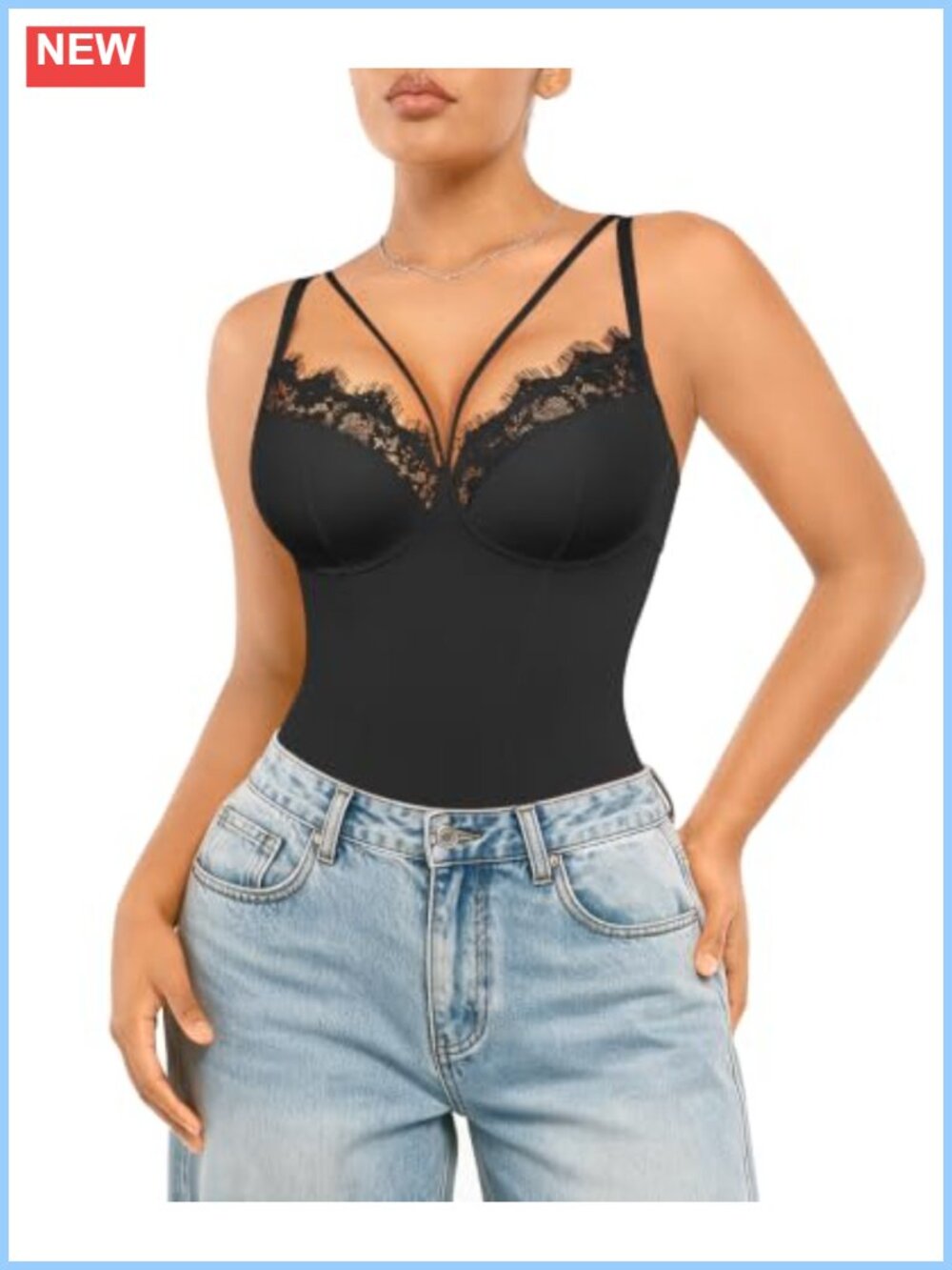 Lace Deep V Neck Bodysuit Sleeveless Tummy Control Shapewear Cami